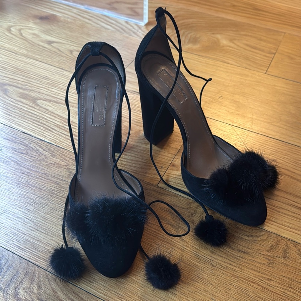 Aquazzura Black Suede Pom Pom Lace-Up Block Heel Sandals